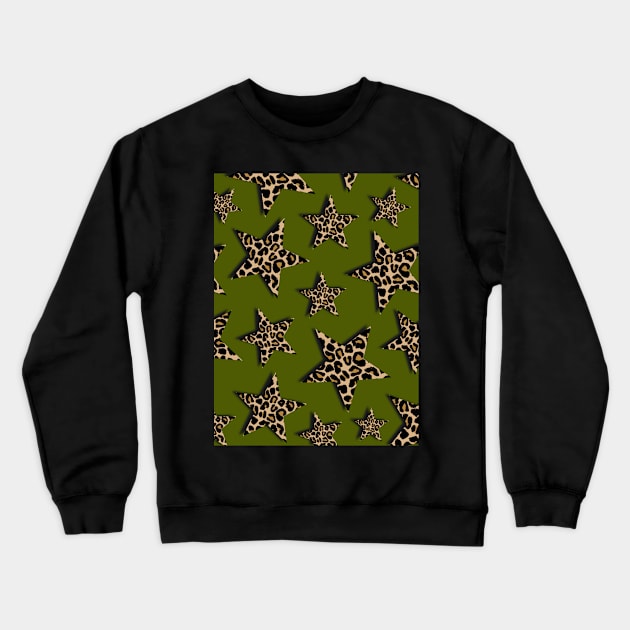 Leopard Print, Stars, on Green Crewneck Sweatshirt by OneThreeSix